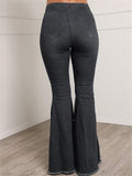 Trendy Washed Effect Beaded Stretchy Frayed Hem Flare Jeans