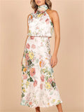 Elegant Floral Print Halter Sleeveless Party Dress