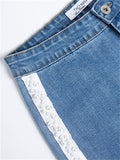 Spring Autumn Pretty White Pearl Woven Tape Thin Denim Jeans for Women