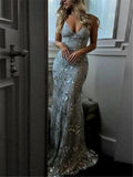 Stunning V Neck Sequined Mermaid Strappy Dress for Prom