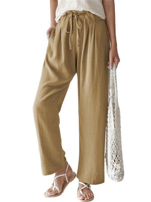 Female Leisure Solid Color Drawstring Linen Cotton Pants