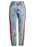 Street Style Red Patchwork Washed Effect Light Blue Denim Pants for Women