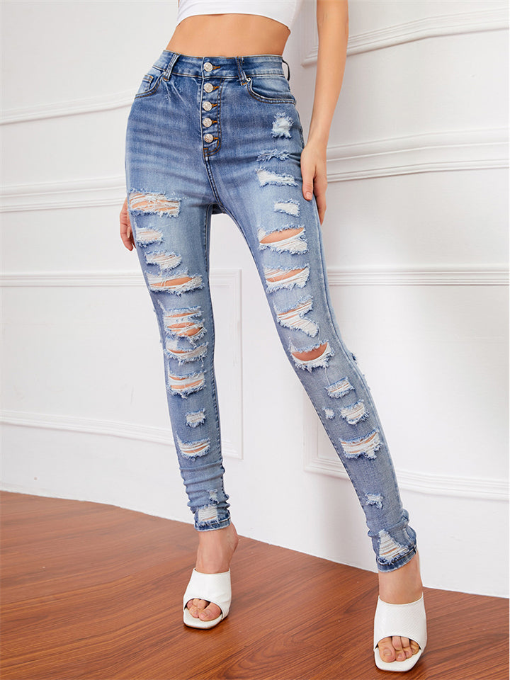 Women's Street Style Fashion Slim Fit Solid Color Ripped Denim Jeans