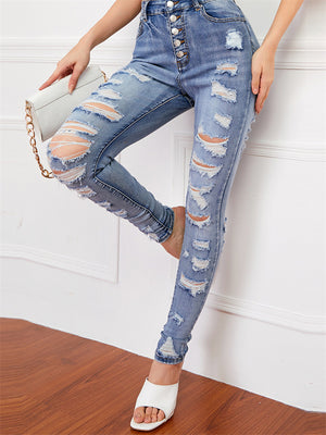 Women's Street Style Fashion Slim Fit Solid Color Ripped Denim Jeans