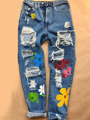 Trendy Button Zipper Closure Floral Printed Ripped Denim Pants