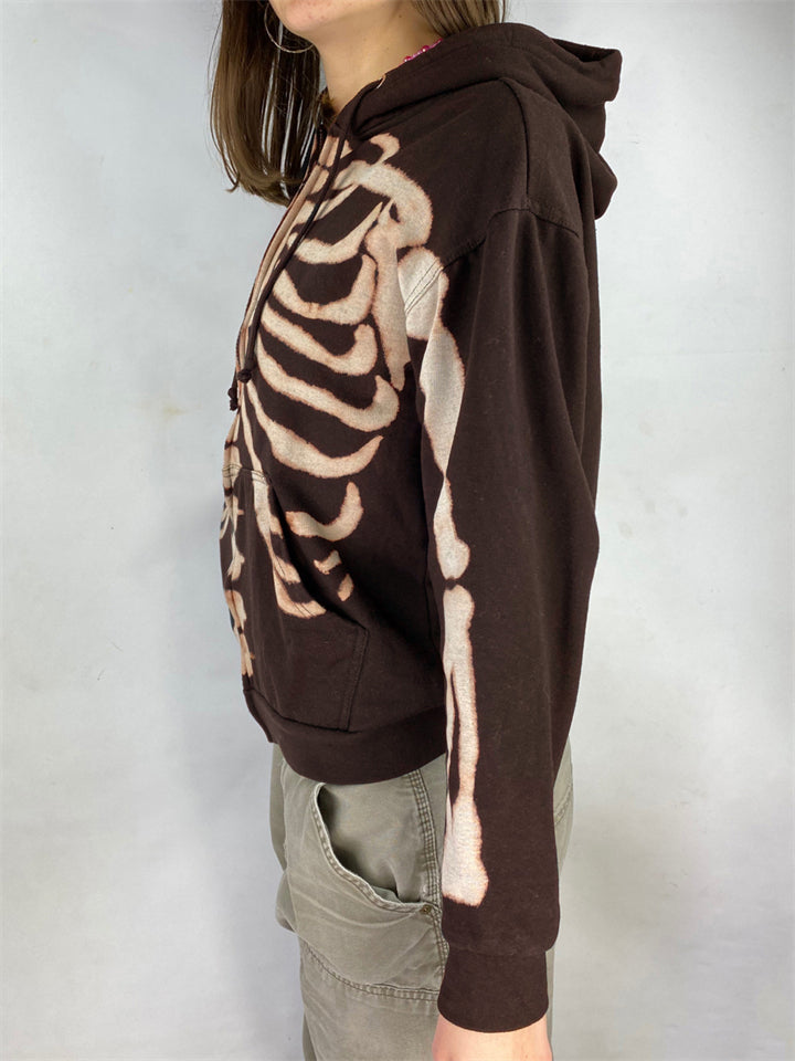 Halloween Personality Skull Print Zipper Drawstring Hooded Sweatshirt