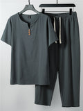 Laid-Back Style Notched Neck Button Detailing Soft Cotton Set T-Shirt + Drawstring Pants