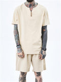 Mens Vintage Buttons Comfy Linen Short Sleeve T-Shirts+Shorts