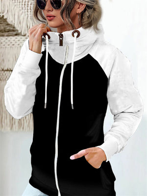 Fashion Colorblock Zip Up Drawstring Sweatshirt For Women