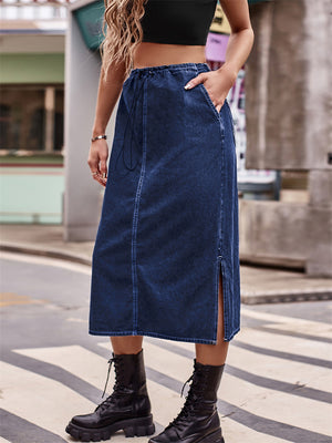 Women's Trendy Drawstring Side Slit Blue Denim Midi Skirts