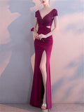 Sexy V Neck Side Slit Beaded Formal Dress for Dinner