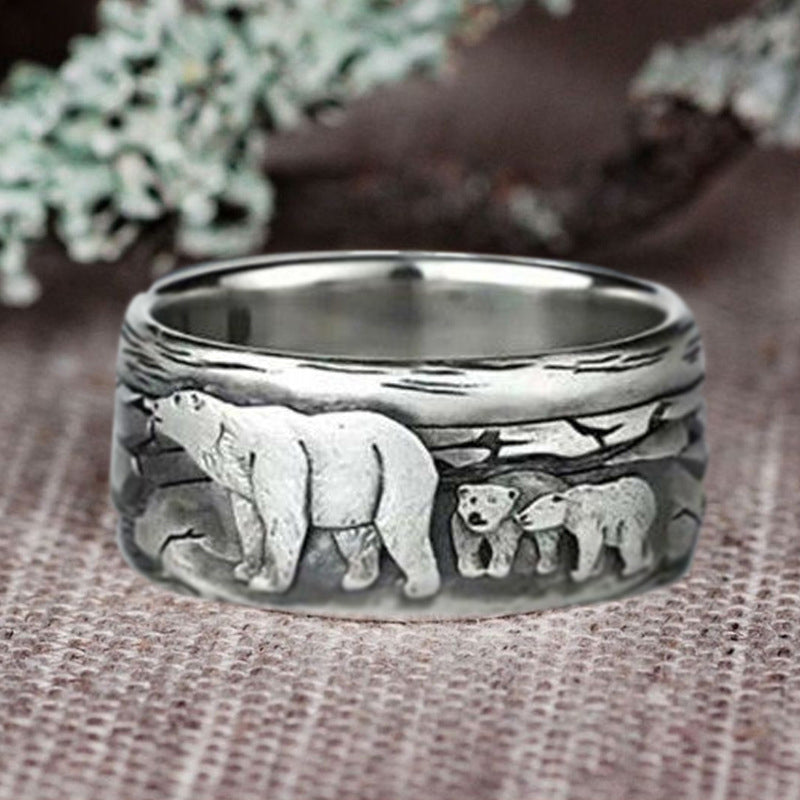 Vintage Creative Naive Polar Bear Couple Relief Rings