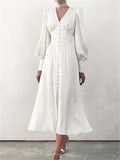 V-Neck Single Breasted High Waist Long Dress