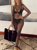 Sexy Sheer Mesh Pearl Rhinestone Cover Up Bikini Dress for Women