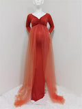 Flowy V Neck Long Sleeve Front Ruched Design Stretchy Tulle Maternity Evening Gown
