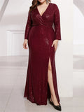 Gorgeous Shiny V-Neck Sequins Long Sleeve Slit Dress