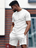 Mens Solid Color Casual Comfy Short Sleeved T-Shirts+Shorts