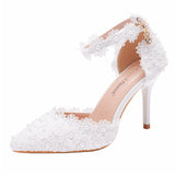 Women’s White Pearl Lace Floral Buckle High Heels Wedding Pumps