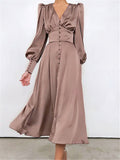 V-Neck Single Breasted High Waist Long Dress
