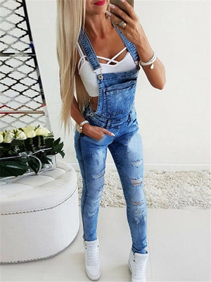 Slim Fit Adjustable Strap Ripped Washed Effect Denim Bibs