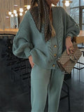 Casual Simple Buttons-Up Solid Color V-Neck Sweater Outfits Tops+Pants