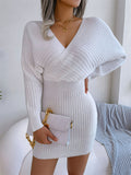 Women's Sexy Crossover V Neck Batwing Sleeve Wrap Hip Dress