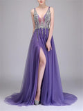 Sequined Beaded Backless Tulle Trendy Prom Dresses