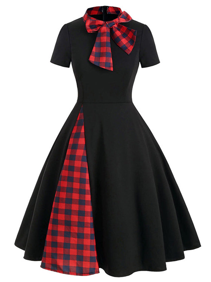 1950S Plaid Patchwork Short Sleeve Bow Stand Collar Swing Dress