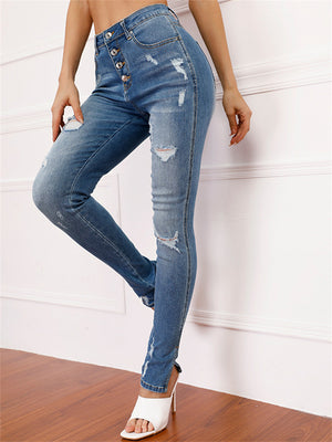 Women's Washed Effect Ripped Street Style Denim Jeans