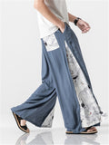 Linen Cotton Elastic Waistband Drawstring Pleated Detailing Crane Print Full Length Pants