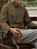 Mens Loose Comfy Soft Linen Button Solid Color Long Sleeve T-Shirts