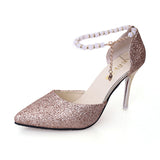 Female Metal White Pearl Chain Pointed Toe Shining Stiletto