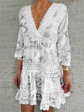 Fashionable Low V Neck Floral Printed Cutout Design 3/4 Sleeve Dress