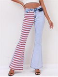 Women's Super Cool Street Style Contrast Color Red Stripe Bell Bottom Denim Jeans