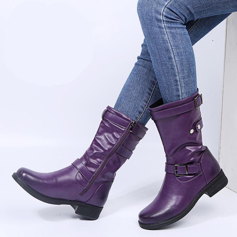 Women's Fashion Block Heel Solid-Color Leather Buckle Mid-Calf Boots