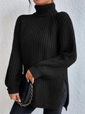 Womens Trendy Turtleneck Side Split Hem Oversized Long Sleeve Knitted Sweaters