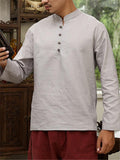 Mens Loose Comfy Soft Linen Button Solid Color Long Sleeve T-Shirts