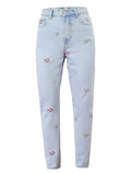 Campus Style Lovely Small Floral Embroidery Slim Fit Light Blue Denim Jeans for Women