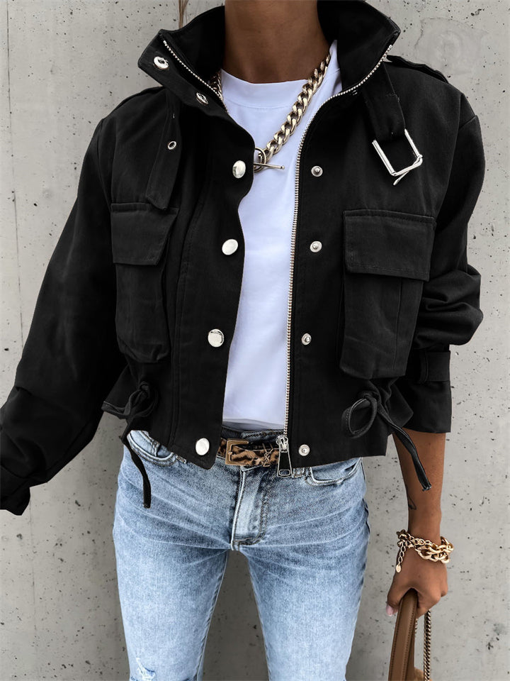 Women's Stylish Stand Collar Pocket Zipper Short Motorcycle Jacket