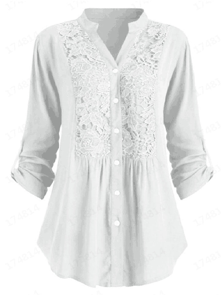 Ladies Summer Lace Patchwork V Neck Roll Up Long Sleeve Blouses