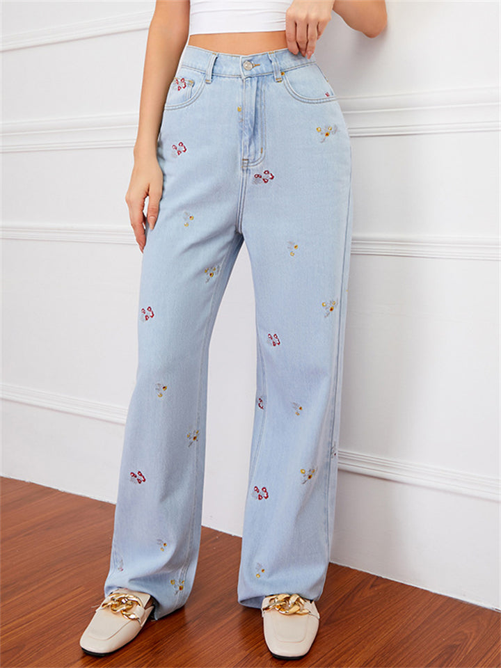 Casual Style Floral Embroidery Straight-Leg Light Blue Denim Jeans for Women