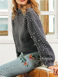 Trendy Round Neck Pearls Decorated Sweater