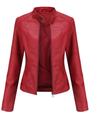 Women's PU Leather Stand Collar Slim Jacket