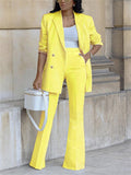 Office Ladies Solid Double Breasted Blazer Wide Leg Pants Sets