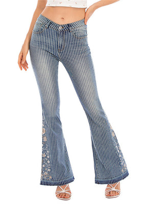 Women's Fashion 3D White Floral Embroidery Bell Bottom Striped Jeans