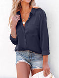 Office Lady Simple Button Pocket Comfortable Pure Color Silk Blouses