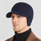 Men’s Warm Windproof Ribbed Knitted Brim Cap with Ear Flaps