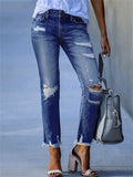 Women's Casual Cozy Elastic Denim Ripped Jeans