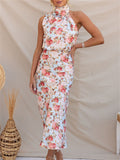 Elegant Floral Print Halter Sleeveless Party Dress