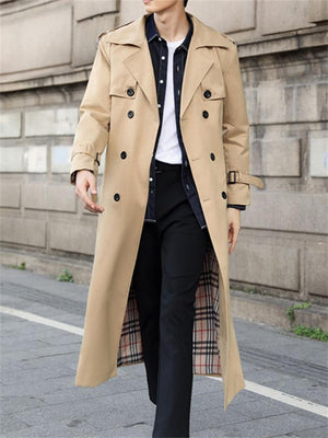 Men's Double-Breasted Lapel Gentleman Business Casual Long Trench Coat